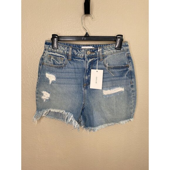 Cello Womens Distressed Denim High-Rise Shorts Size S Light Wash Fringe Hem NEW - Picture 2 of 8